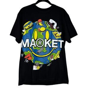 NWOT Black Multi-Color Market Smiley World Graphic Tee Crew Short Sleeve M